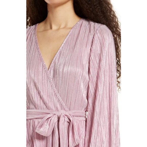 💕BARDOT Bellissa Long Sleeve Faux Wrap Dress Sorbet Pink Metallic Shine XL NWT - Picture 5 of 16